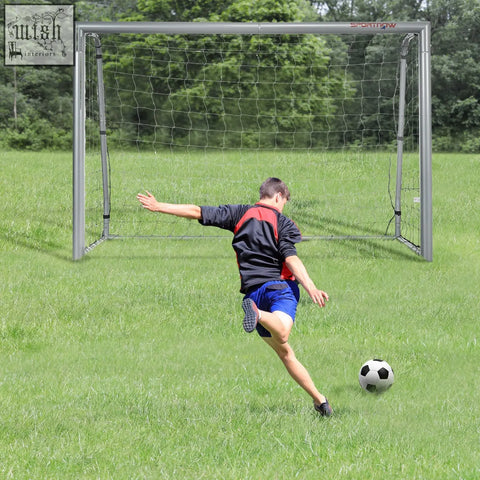 Silver metal 8ft x 5ft football goal with black netting and sportnow branding for easy garden setup