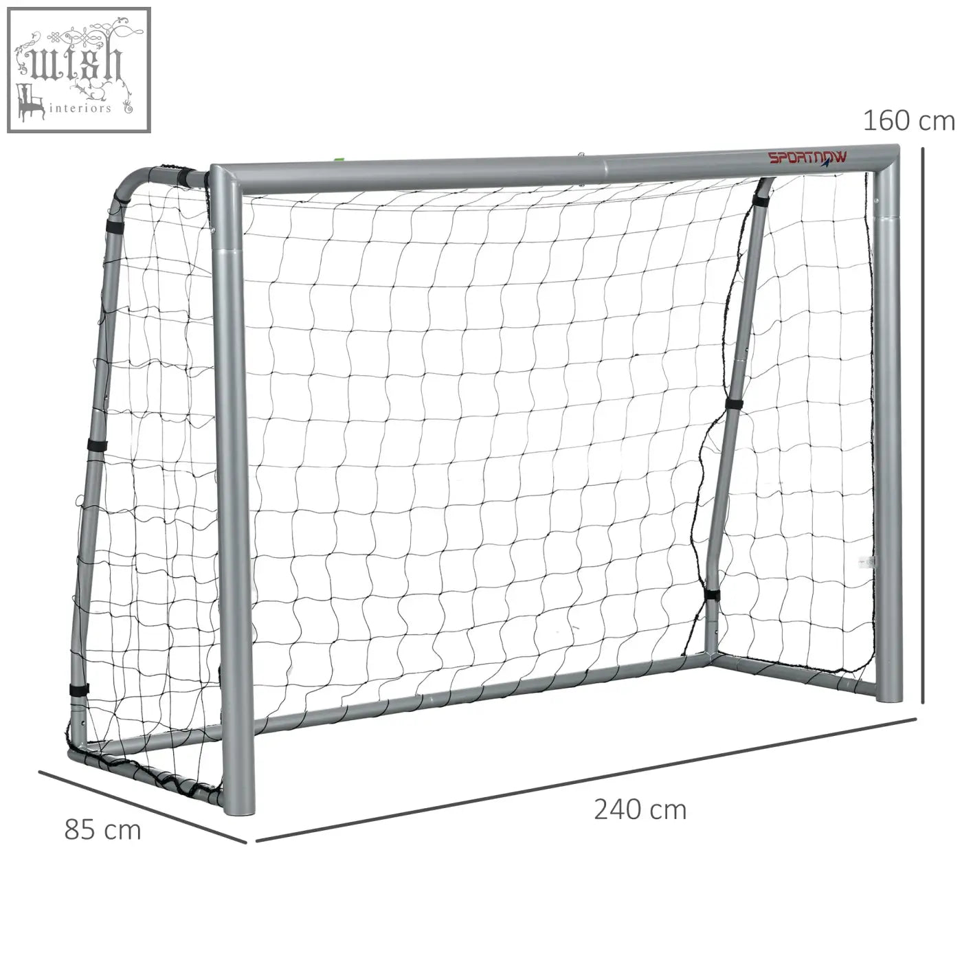 Silver-framed 8ft x 5ft football goal with black netting and sportingw logo ideal for garden use
