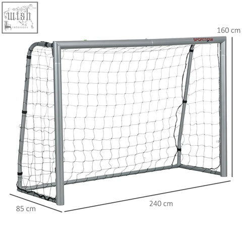 Silver-framed 8ft x 5ft football goal with black netting and sportingw logo ideal for garden use