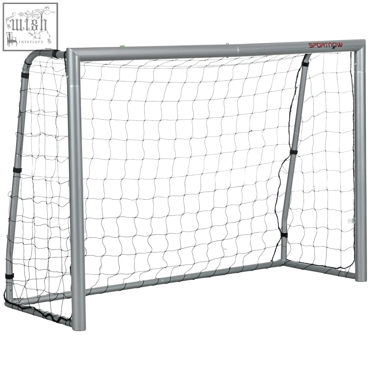 Silver-framed 8ft x 5ft football goal with black netting and ground stakes for quick garden setup