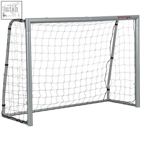 Silver-framed 8ft x 5ft football goal with black netting and ground stakes for quick garden setup