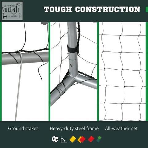 Silver heavy-duty steel 8ft x 5ft football goal with black all-weather net for quick garden setup