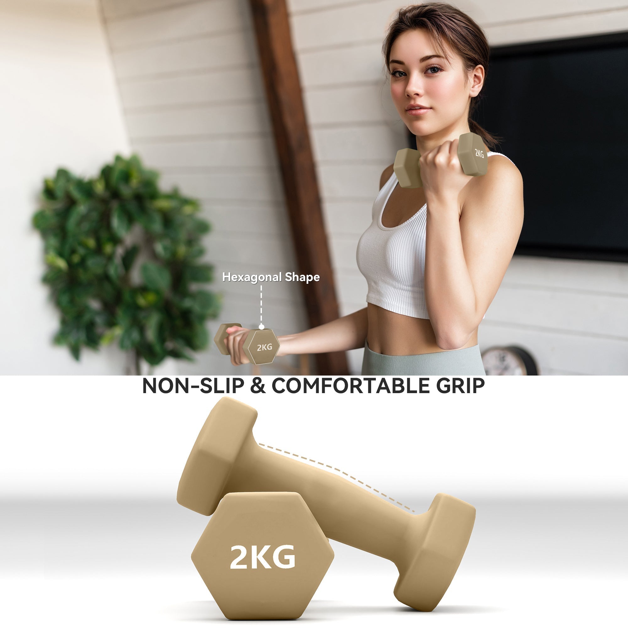 Beige hexagonal 2kg dumbbell with non-slip grip and smooth pu casing from sportnow six colour-coded dumbbells set with carry case