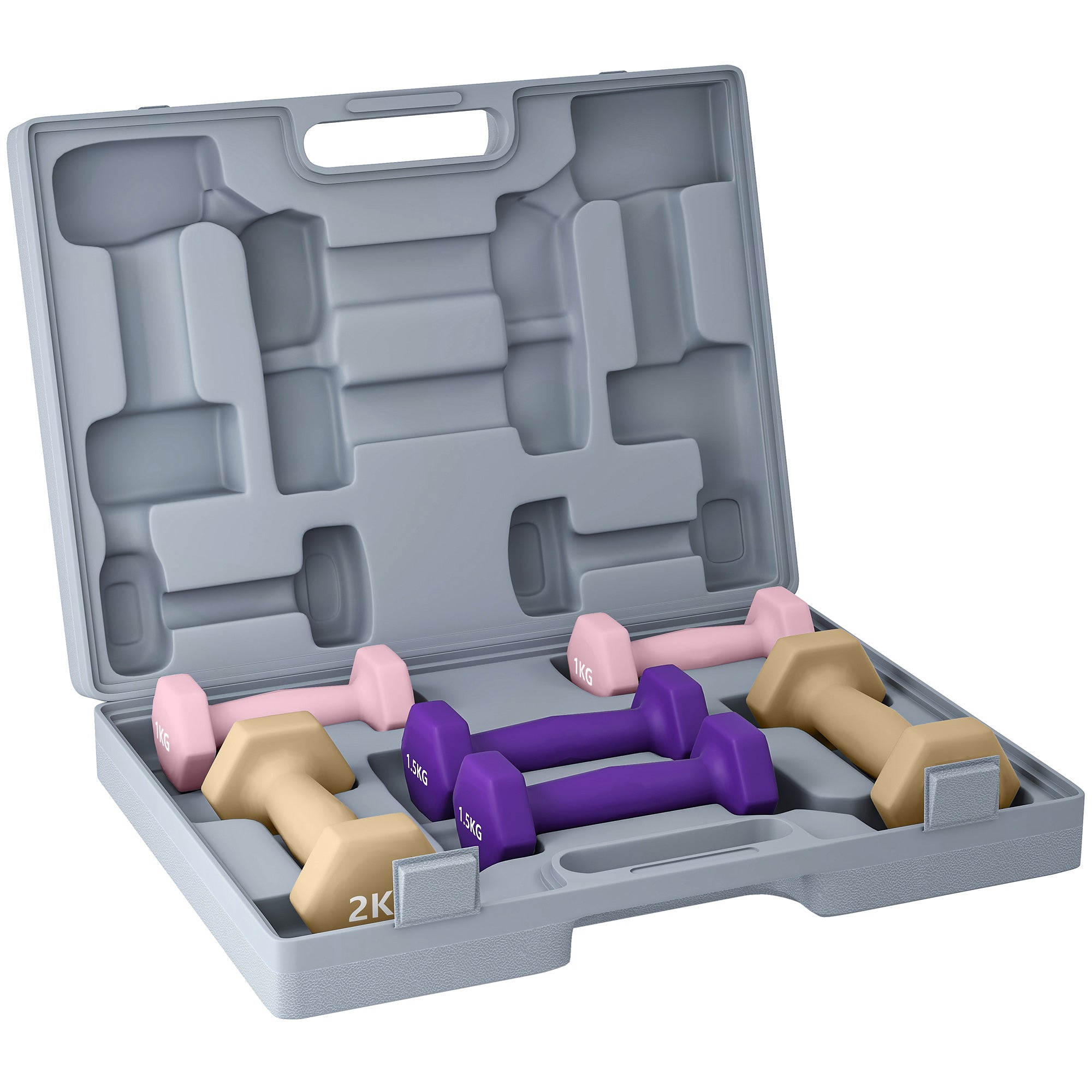 Sportnow 9kg hex dumbbells set with six colour-coded smooth pu casing weights in pink purple beige and gray carry case