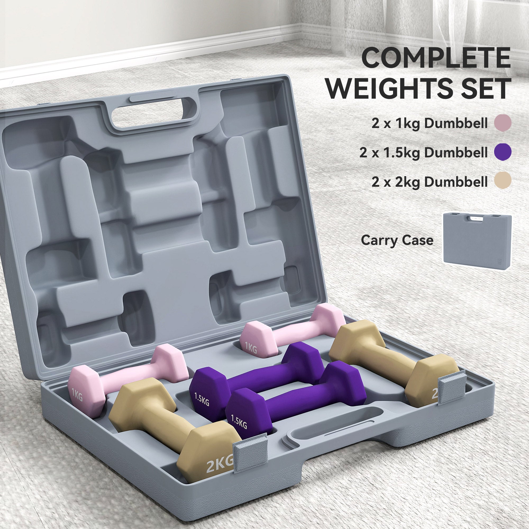 Gray plastic carry case with six colour-coded dumbbells in pink purple and beige with smooth pu casing for home gym