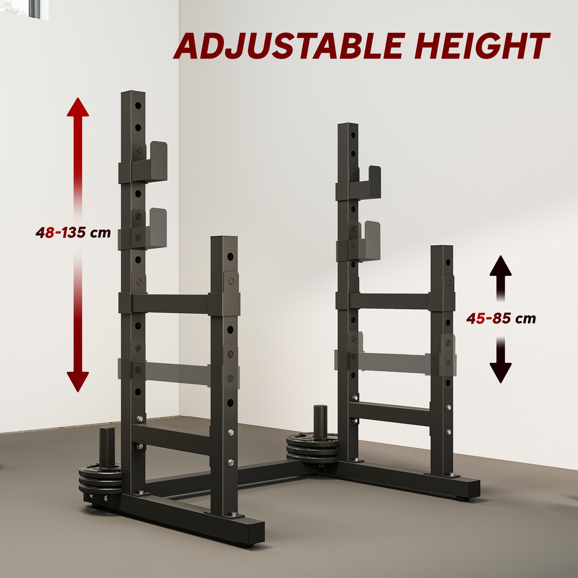 Black adjustable height squat rack with two positions and plate holders loaded with weight plates on the base