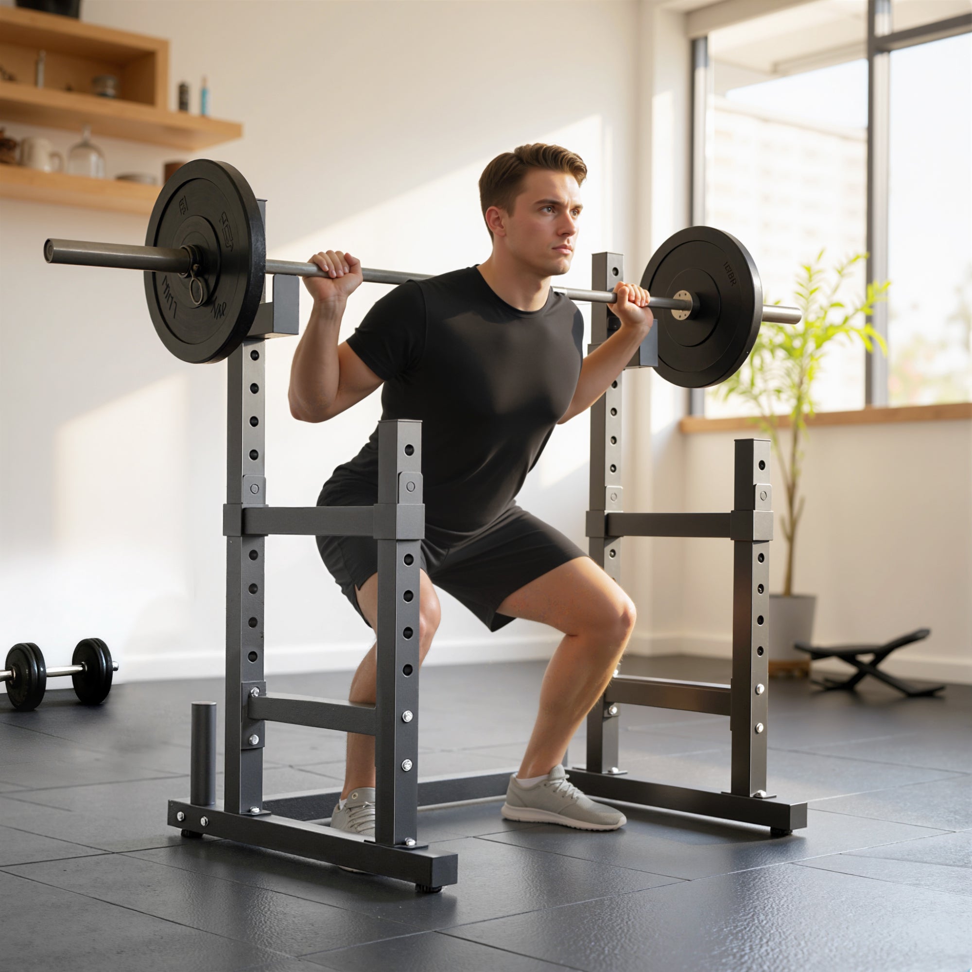 Black sportnow adjustable squat rack with steel frame and barbell rack height in two positions with black plates