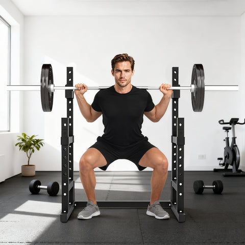 Black metal sportnow adjustable squat rack with two positions and plate holders supporting 300 kg load