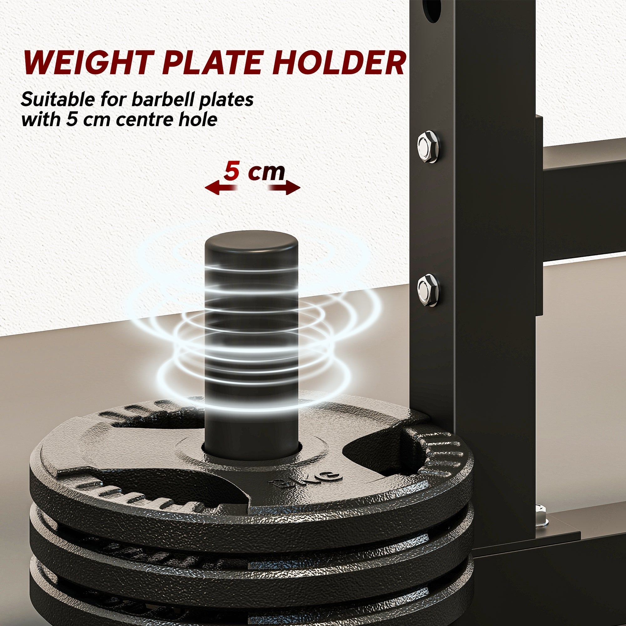 Black weight plate holder with 5 cm hole on sportnow adjustable squat rack with two positions and 300 kg load capacity