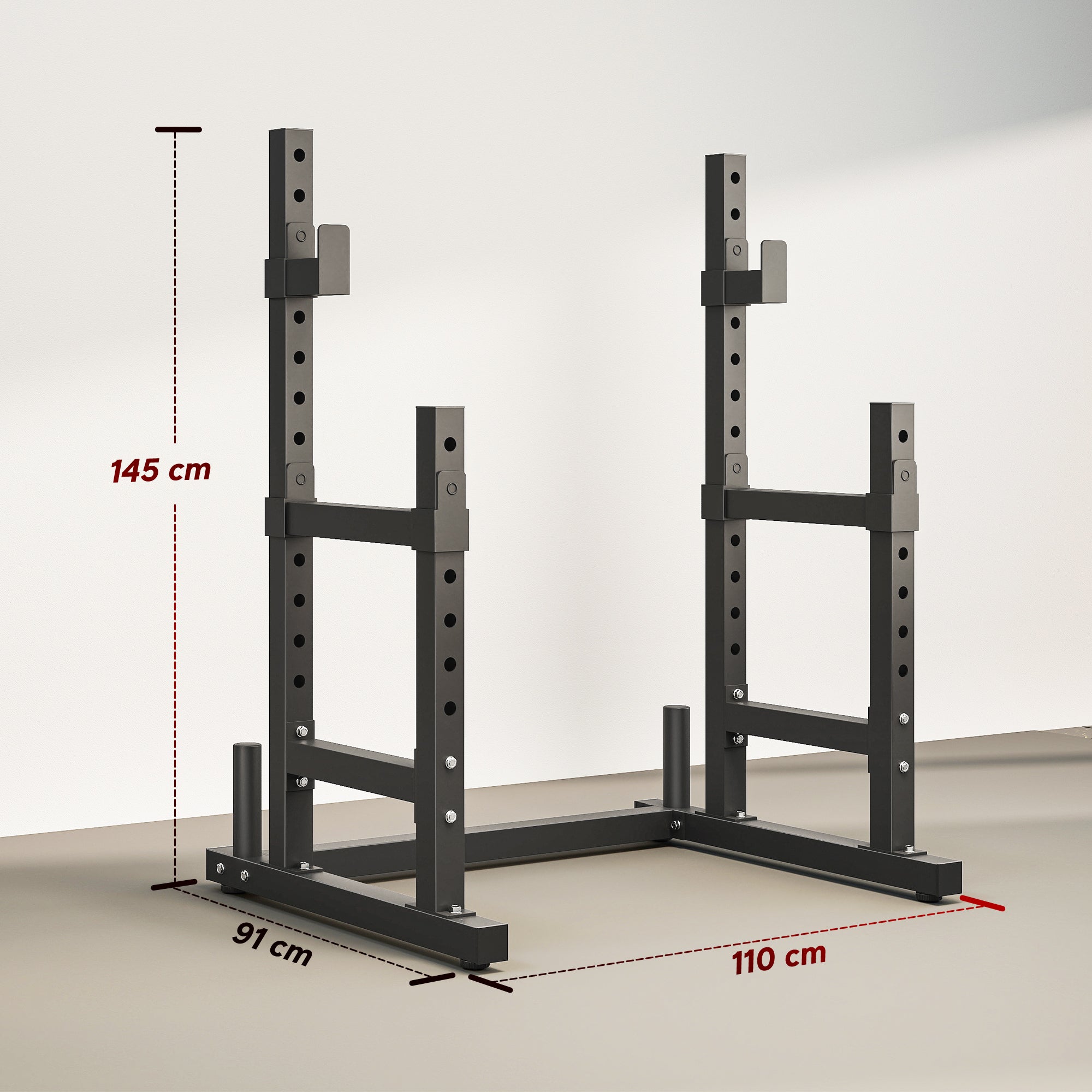 Black metal sportnow adjustable squat rack with two positions for barbell rack height and sturdy base holding 300 kg load