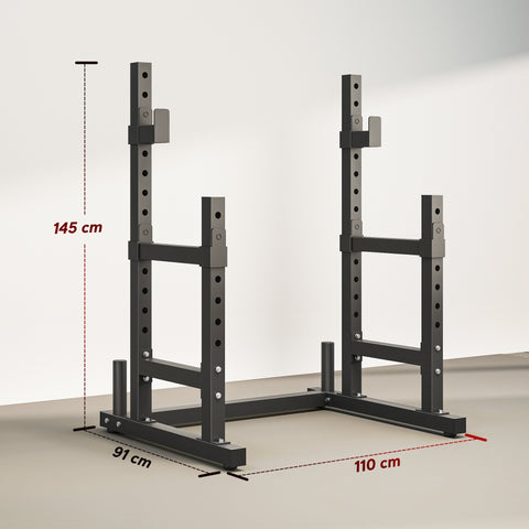 Black metal sportnow adjustable squat rack with two positions for barbell rack height and sturdy base holding 300 kg load