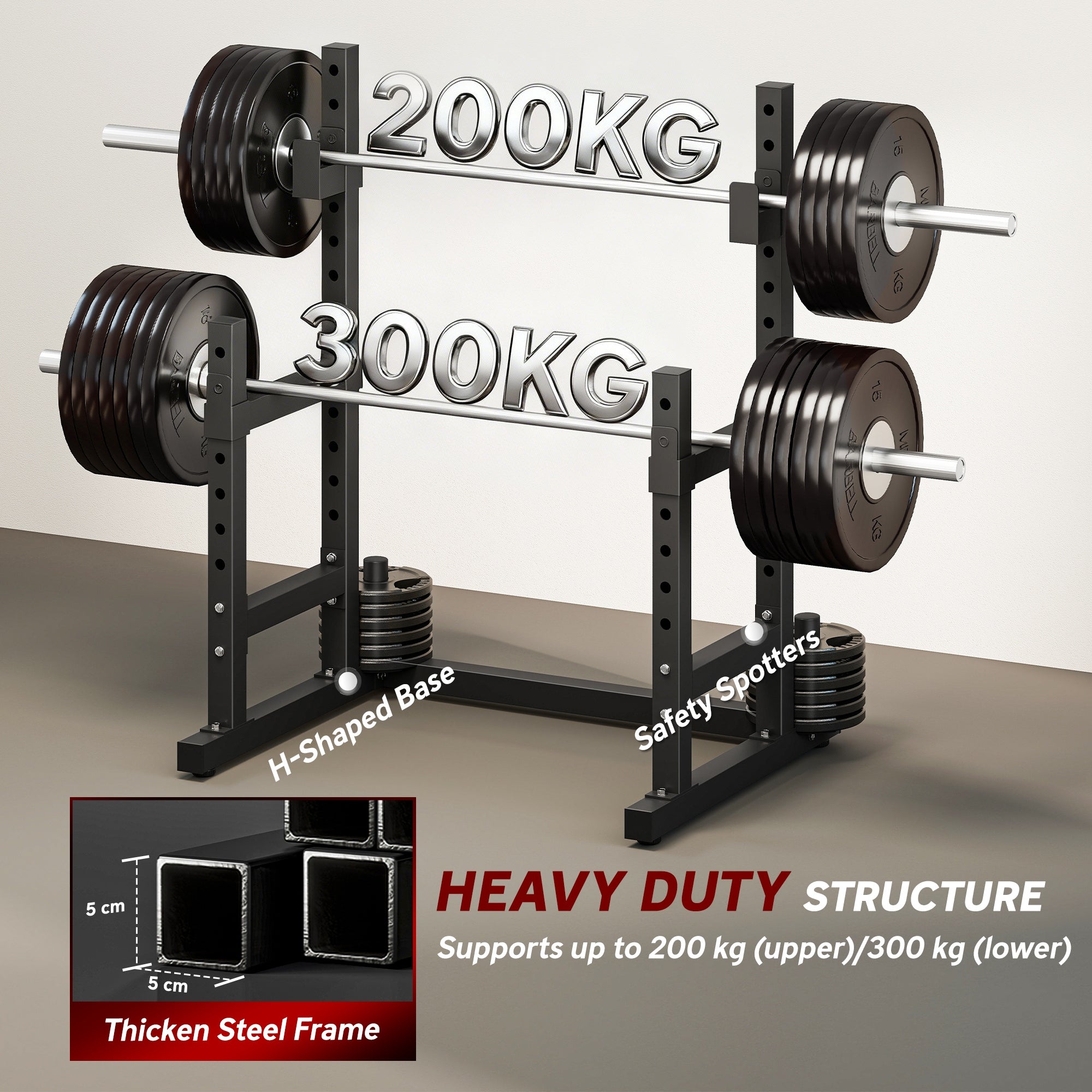 Sportnow adjustable black steel squat rack with plate holders and two positions supports 300 kg load and barbell rack height