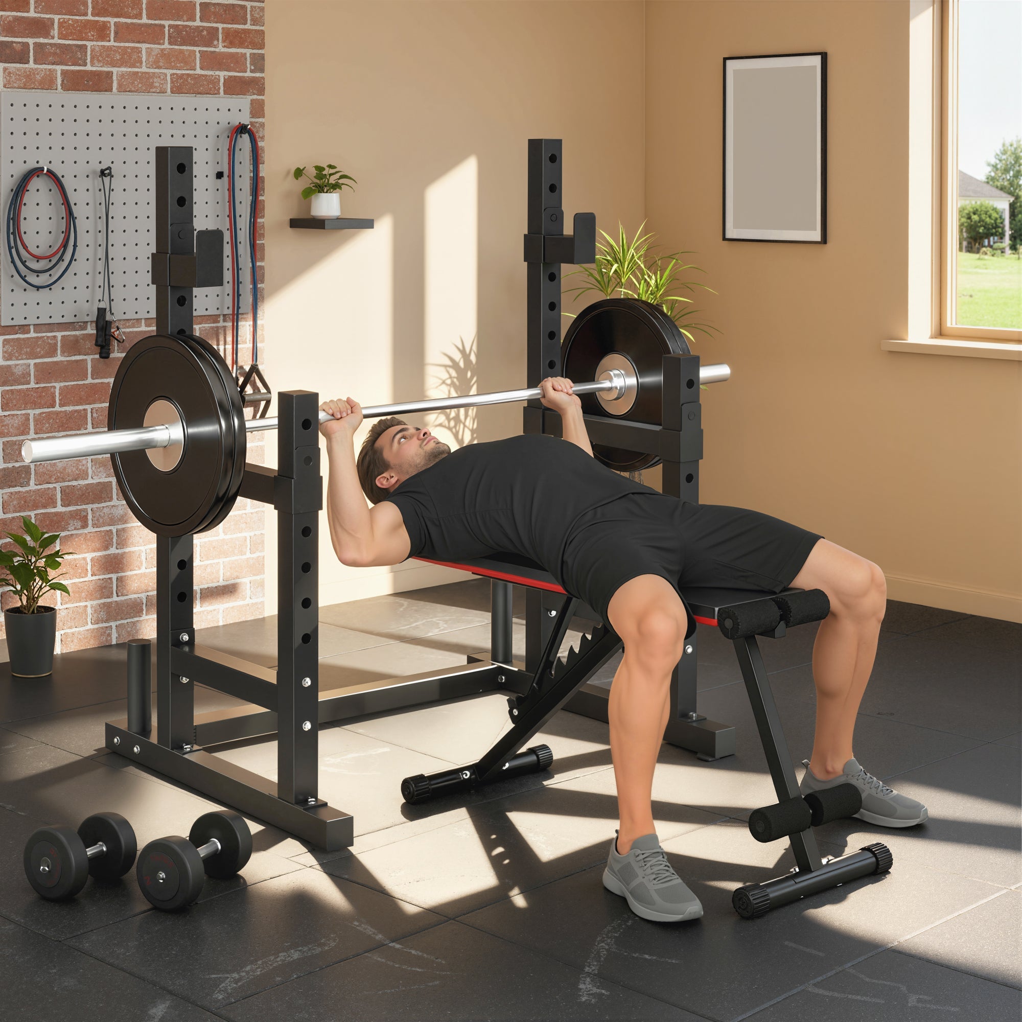 Black weight bench with red cushioning and adjustable features shown from the back for sportnow squat rack with two positions