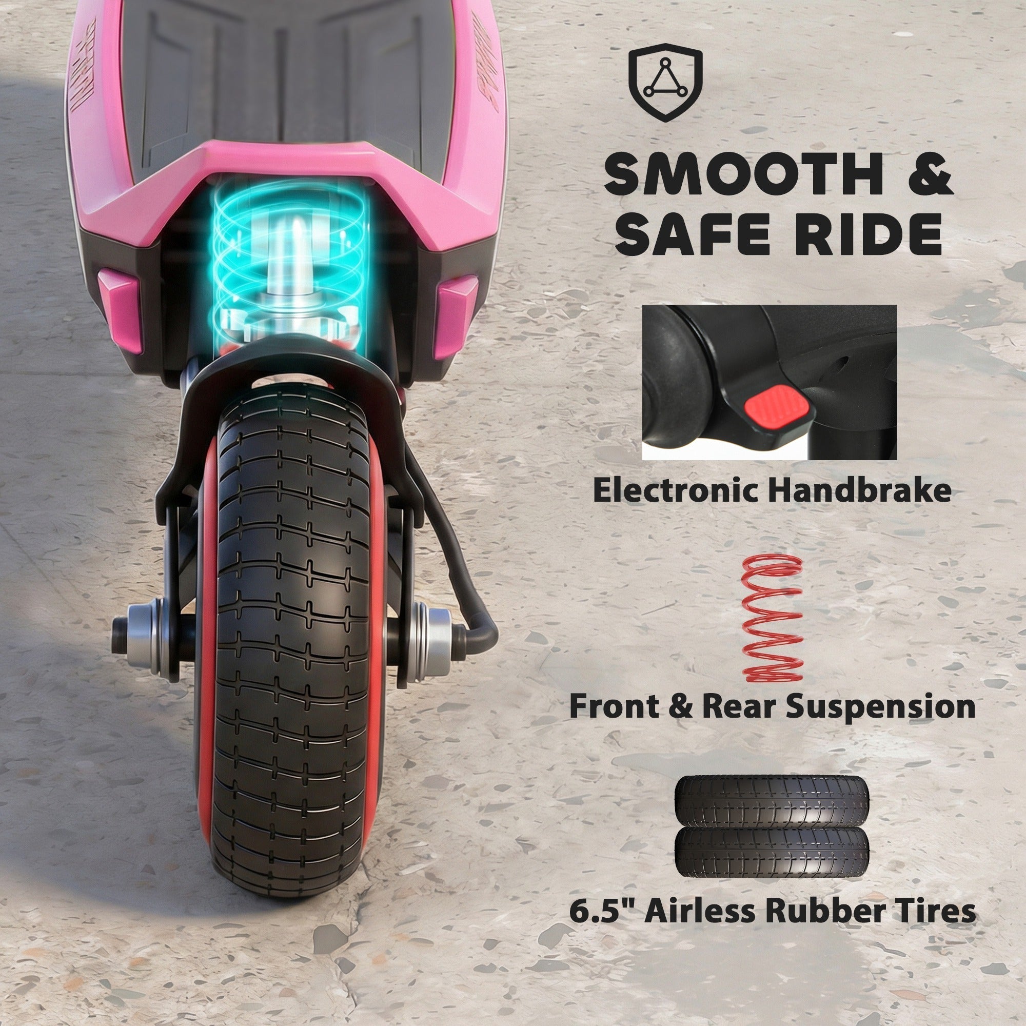 Pink and black sportnow electric scooter for kids with glowing blue underglow 6.5 inch airless tires and electronic brakes