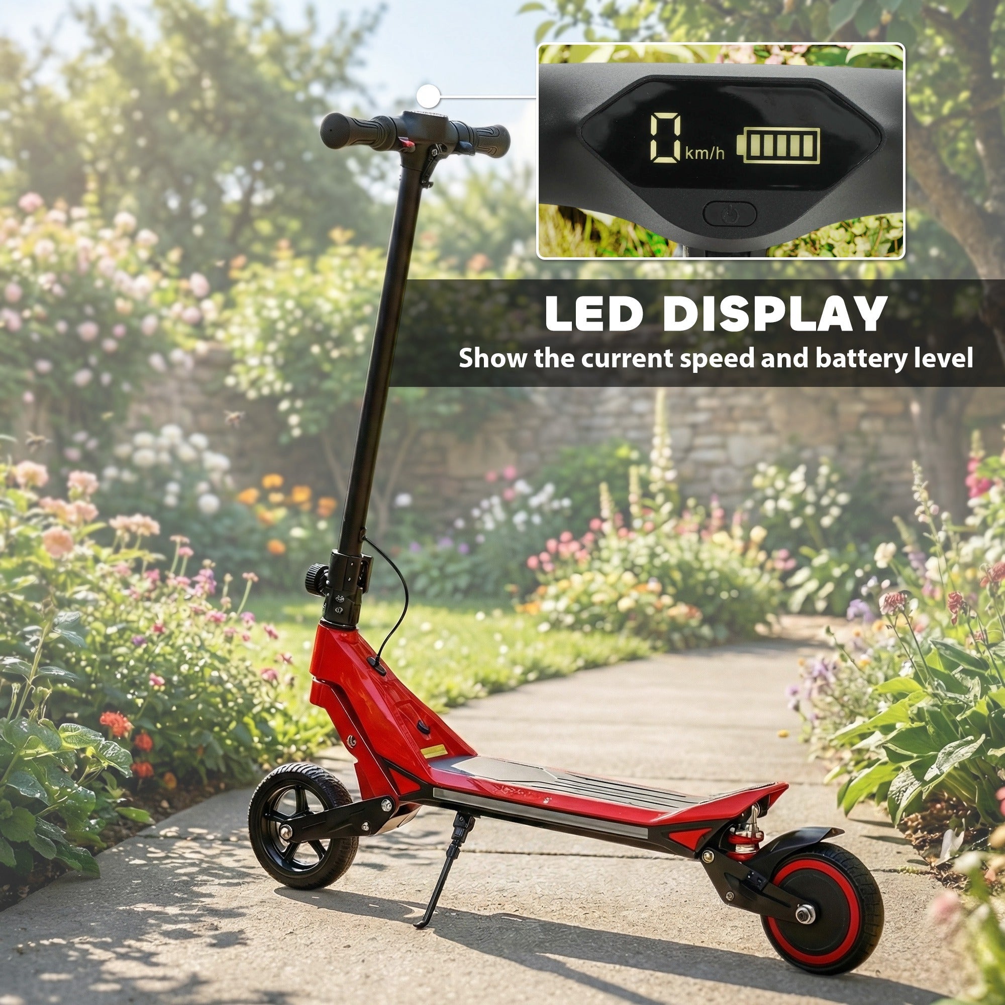 Red and black sportnow electric scooter for kids with led display showing speed and battery level 93l x 39w