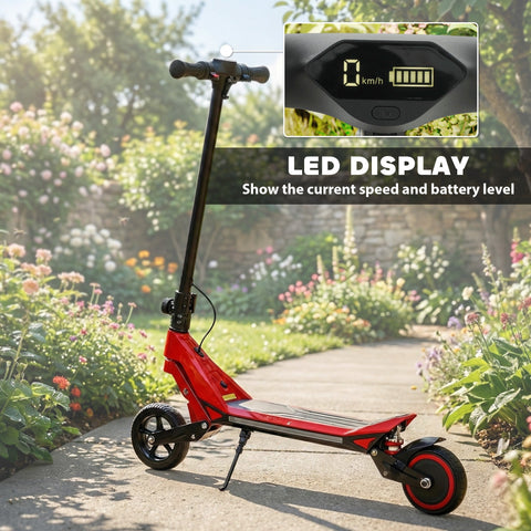 Red and black sportnow electric scooter for kids with led display showing speed and battery level 93l x 39w