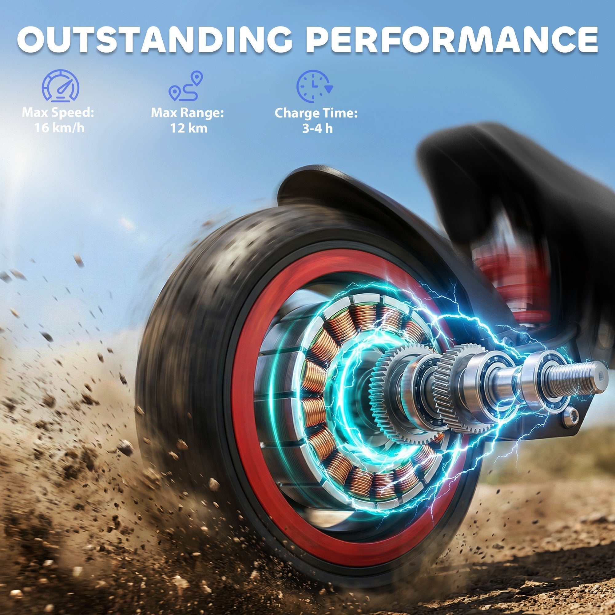 Close-up of sportnow electric scooter wheel with black tire red rim and blue glowing motor for kids age 6 plus