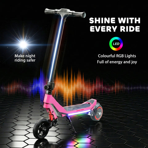 Pink and black sportnow electric scooter with rgb led lights on handlebars deck and wheels for kids 6 plus 93l x 39w