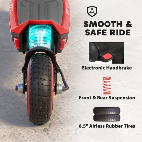 Red and black sportnow electric scooter for kids with glowing blue suspension and foldable design 93l x 39w