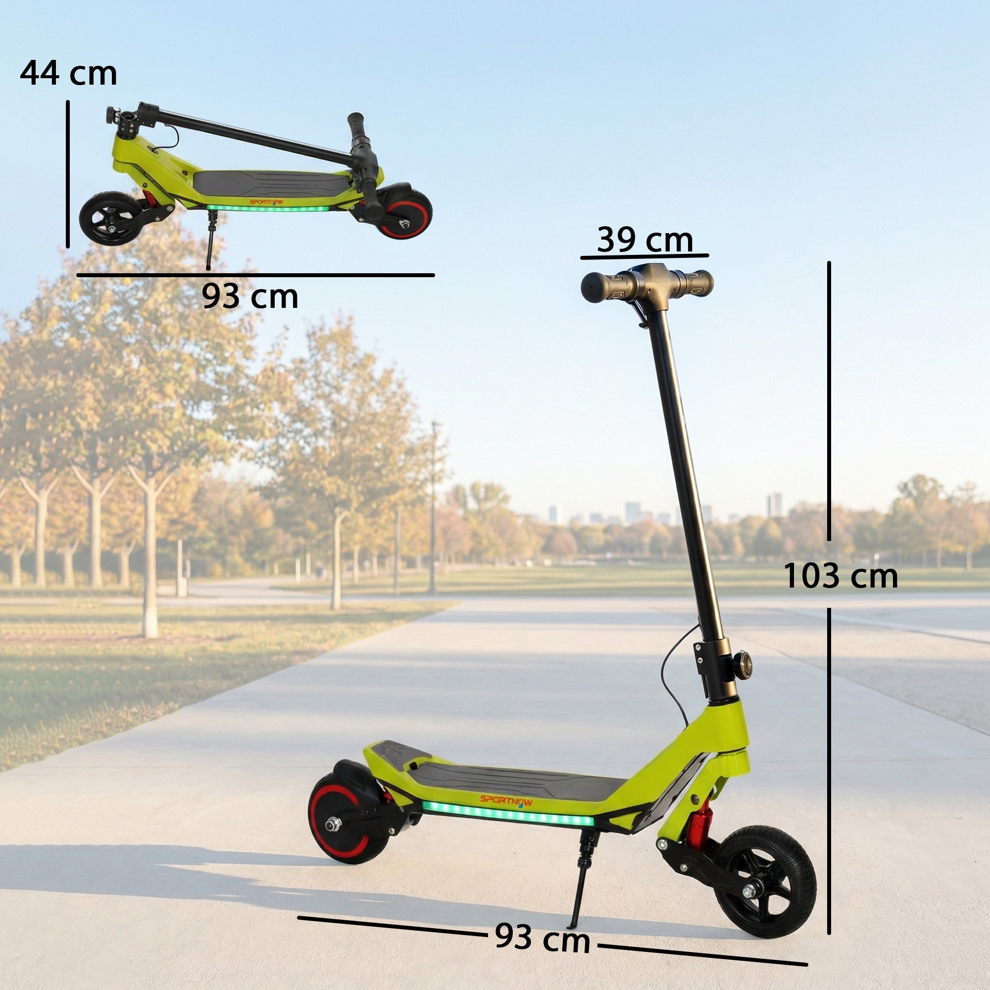 Bright lime green sportnow electric scooter for kids foldable with led deck lighting and red-accented wheels 93l x 39w