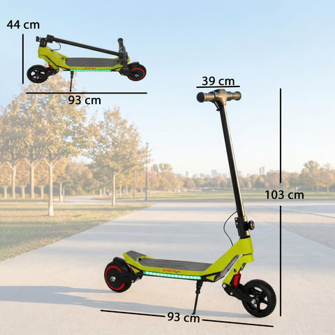 Bright lime green sportnow electric scooter for kids foldable with led deck lighting and red-accented wheels 93l x 39w