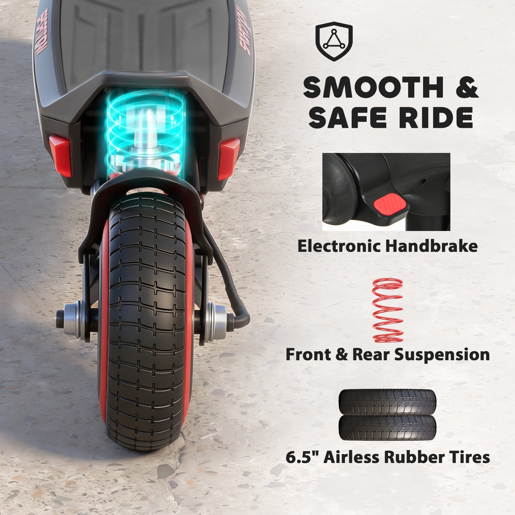 Black and red sportnow electric scooter for kids with 6.5 inch airless tires glowing blue suspension and handbrake