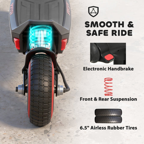 Black and red sportnow electric scooter for kids with 6.5 inch airless tires glowing blue suspension and handbrake
