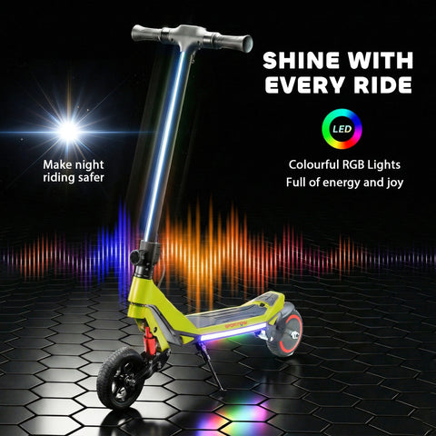 Sportnow electric scooter for kids in vibrant yellow and black with rgb led lights and foldable design 93l x 39w