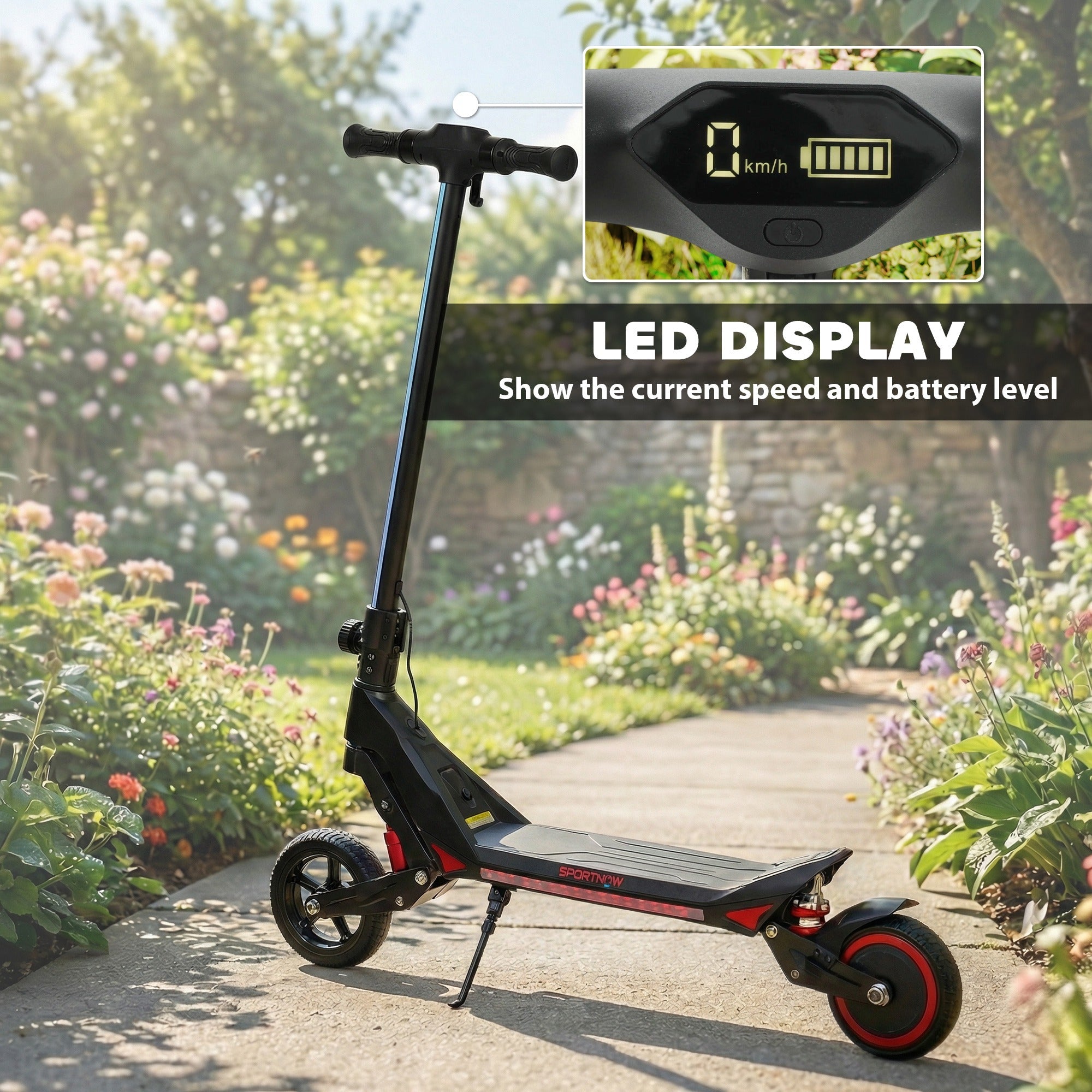 Black and red sportnow electric scooter for kids with led display showing speed battery level foldable 93l x 39w