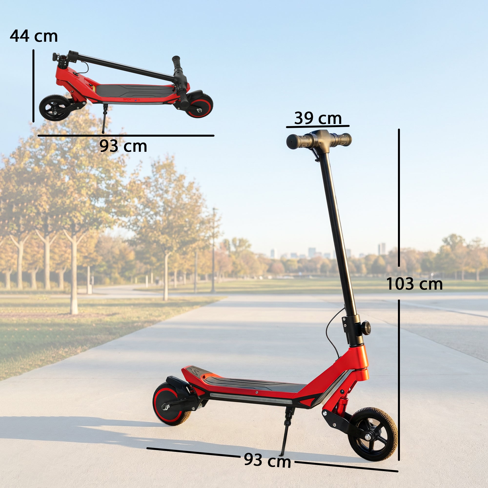 Red and black sportnow electric scooter for kids with foldable design led display and rgb lights 93l x 39w