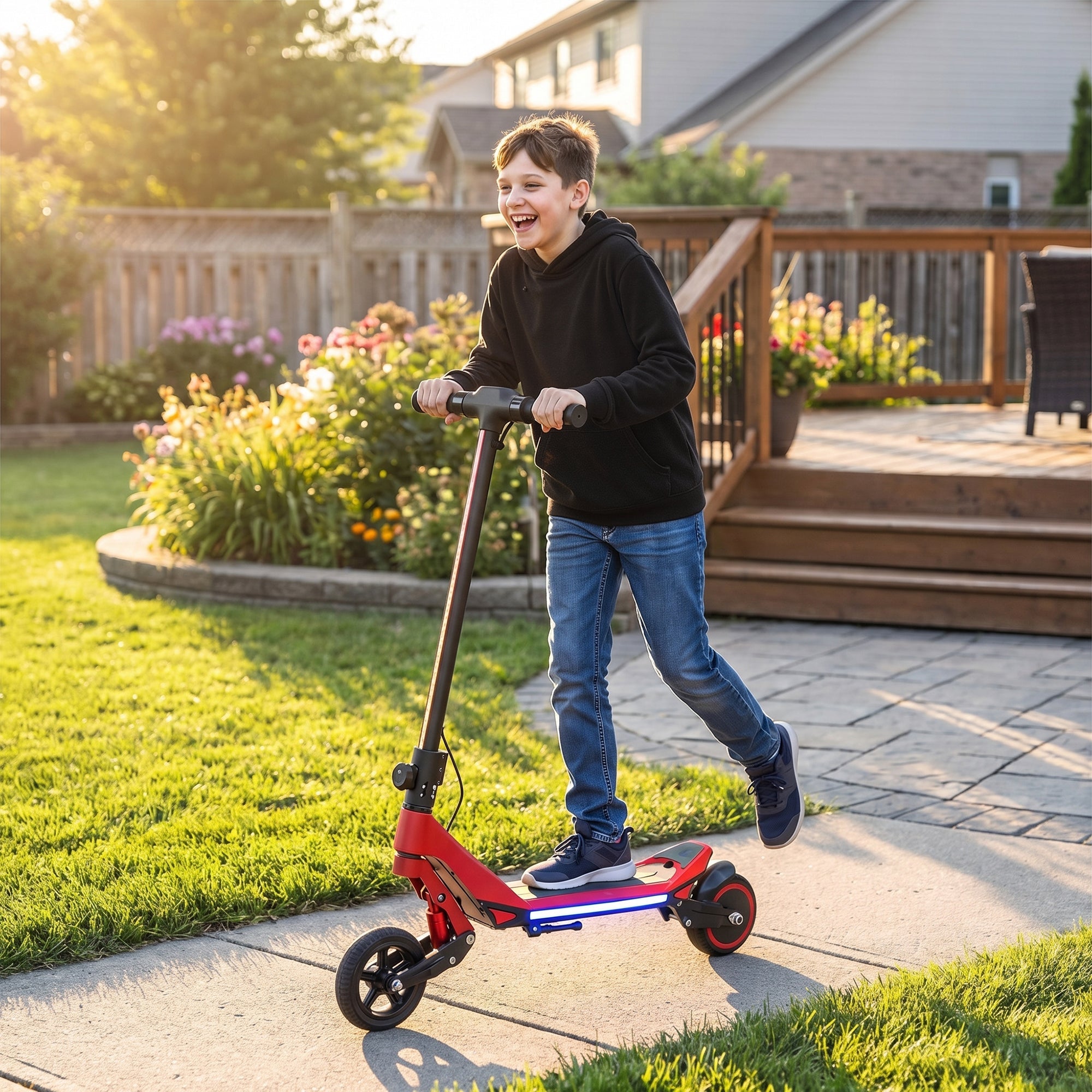 Red sportnow electric scooter for kids with foldable design led display rgb lights and black handlebars wheels 93l x 39w