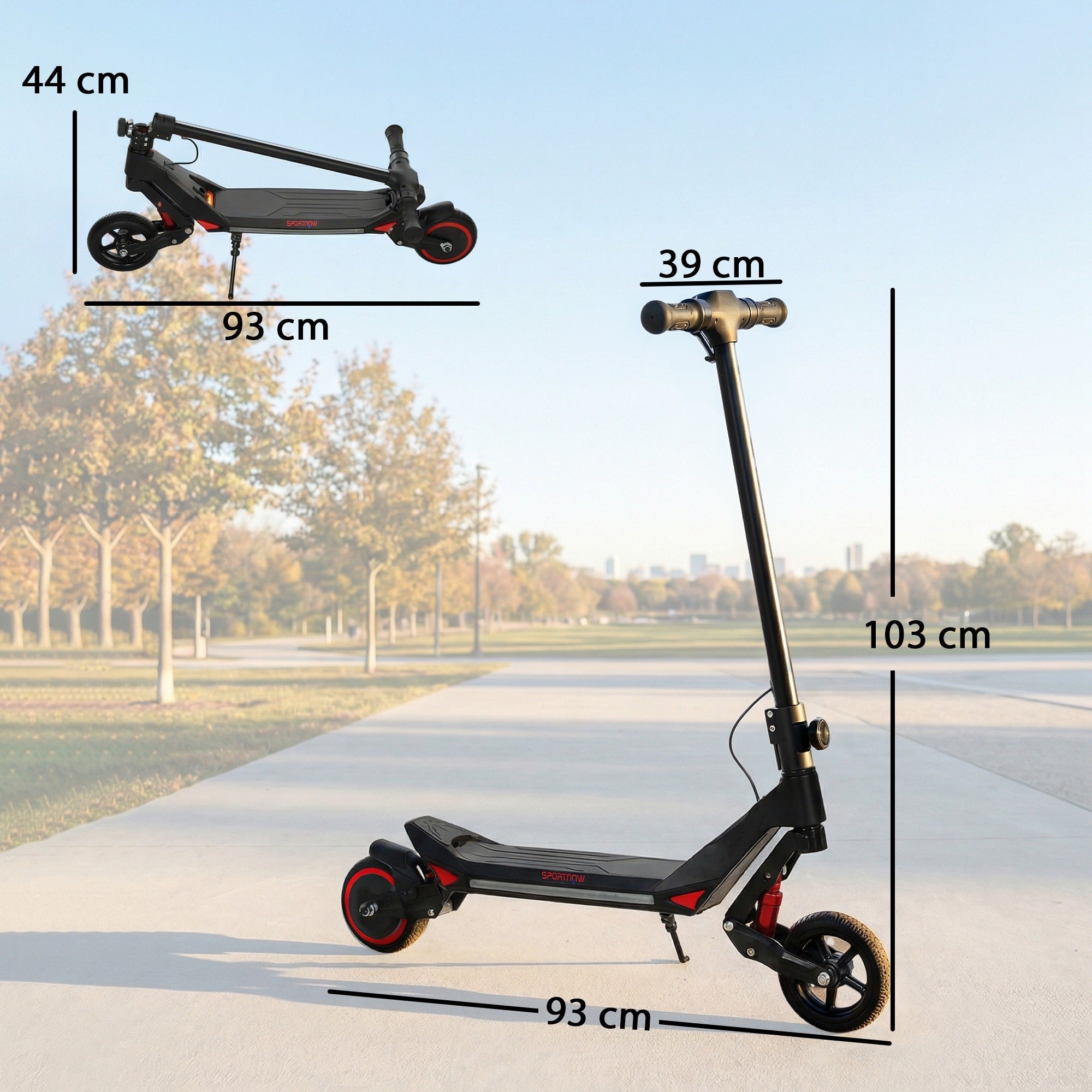 Black and red sportnow electric scooter foldable with led display rgb lights and 93l x 39w size for kids age 6+
