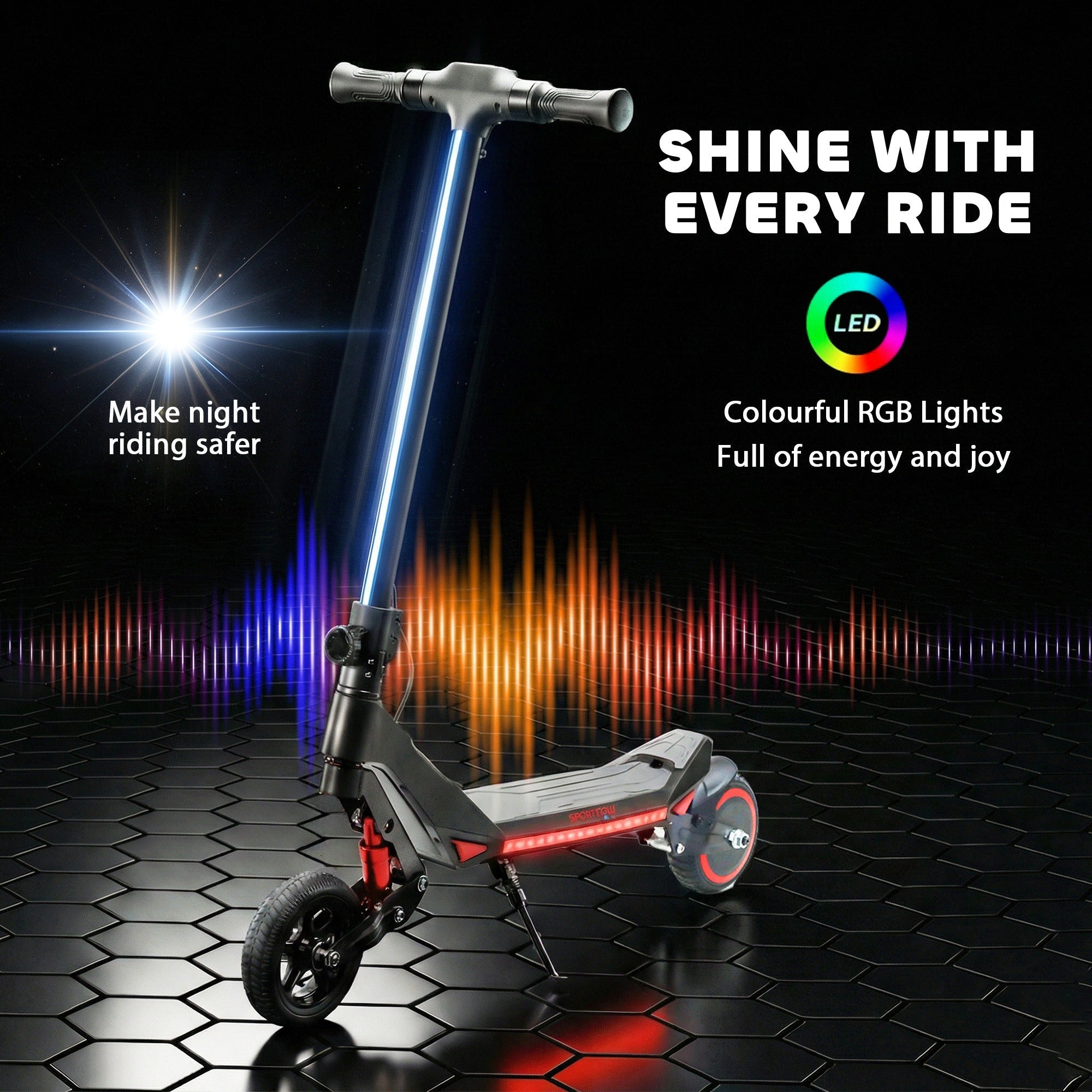 Black and red sportnow electric scooter for kids with foldable design glowing led lights and digital display 93l x 39w