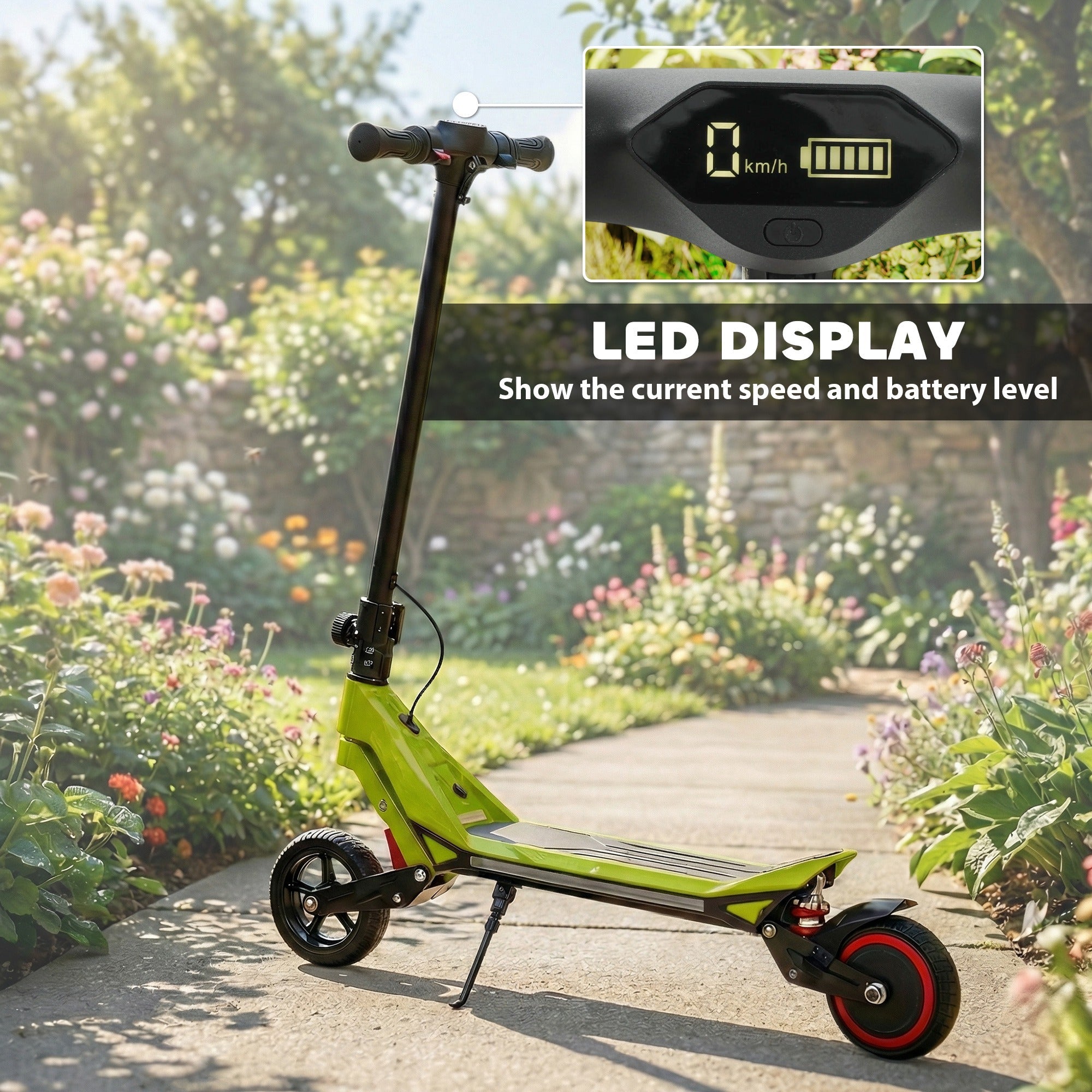 Lime green sportnow electric scooter for kids with black handlebars red-accented wheels and led display 93l x 39w