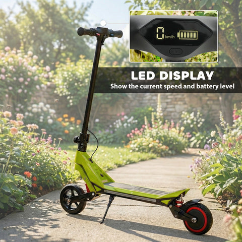 Lime green sportnow electric scooter for kids with black handlebars red-accented wheels and led display 93l x 39w