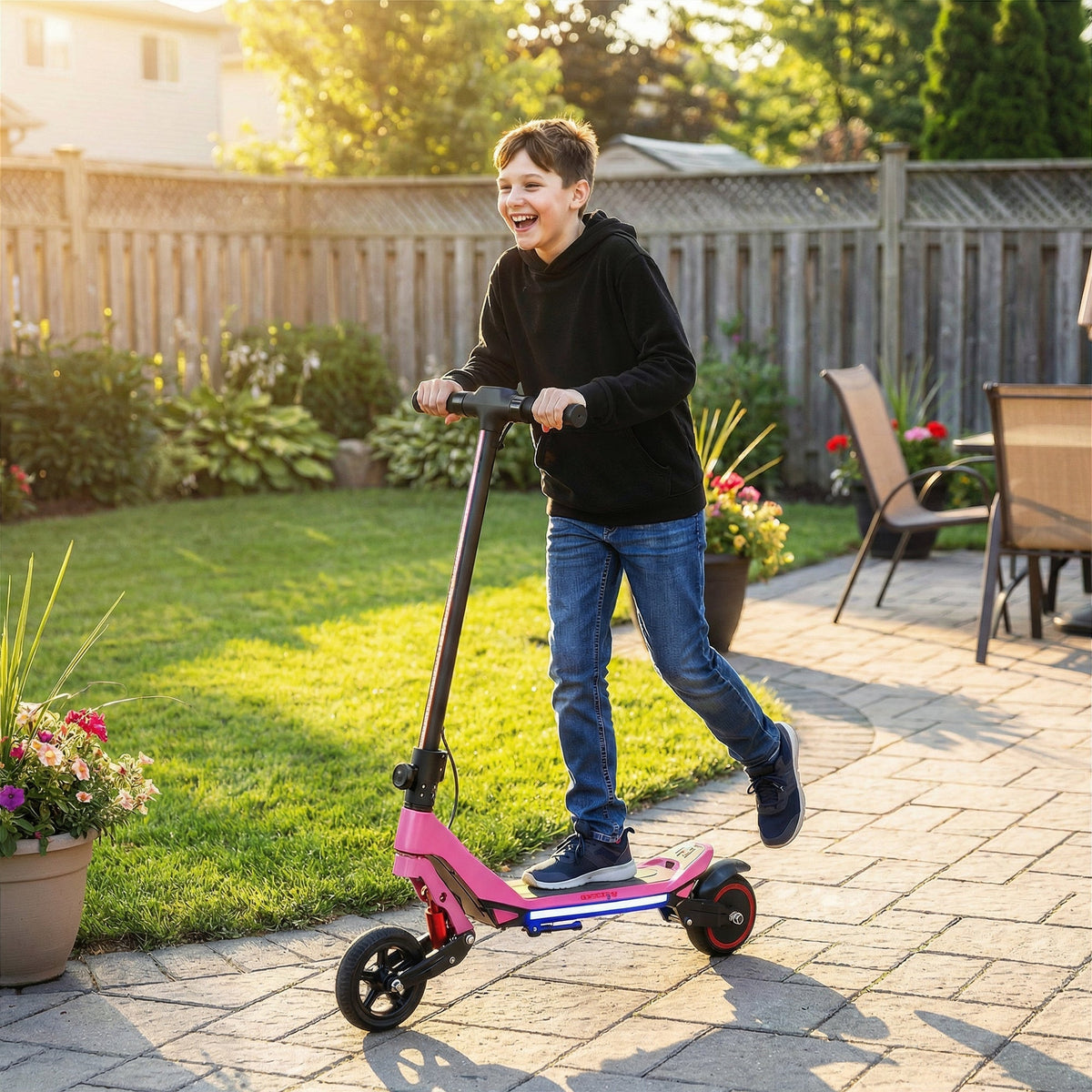 Pink sportnow electric scooter for kids with foldable design black handlebars red wheels and led display 93l x 39w