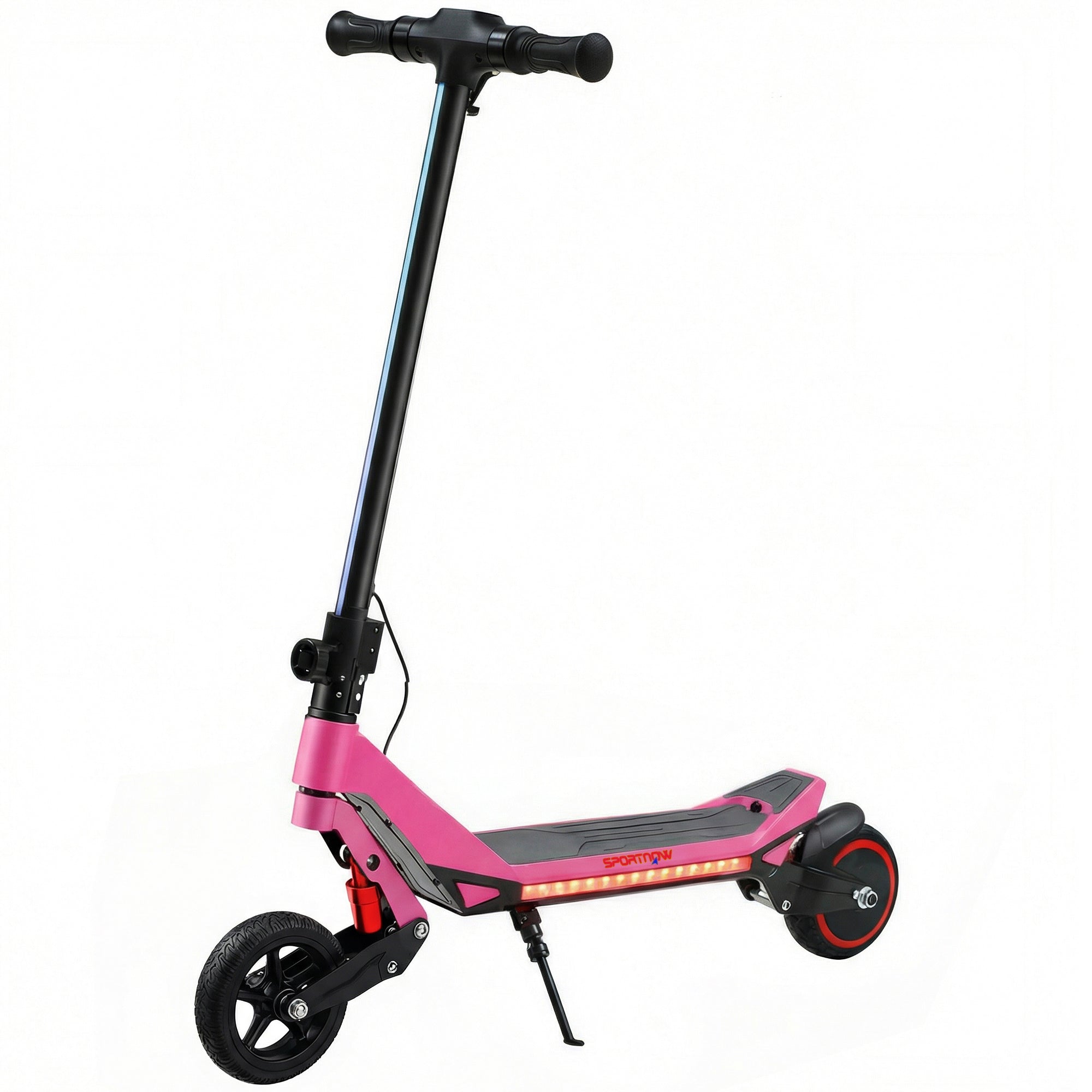 Pink and black sportnow electric scooter with red wheels led deck lighting foldable 93l x 39w for kids age 6+