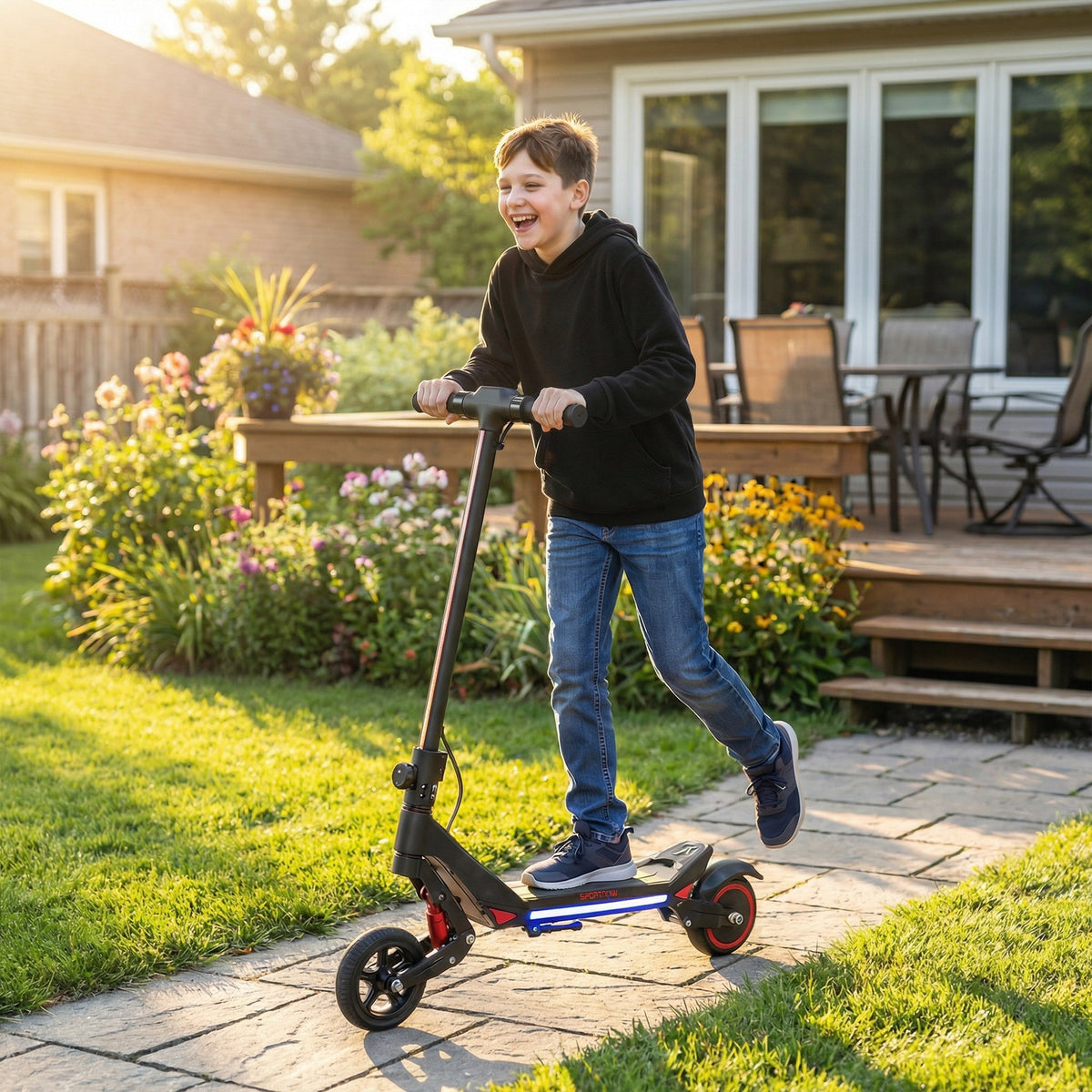 Black sportnow electric scooter for kids with red accents blue led light strip foldable 93l x 39w electric scooter