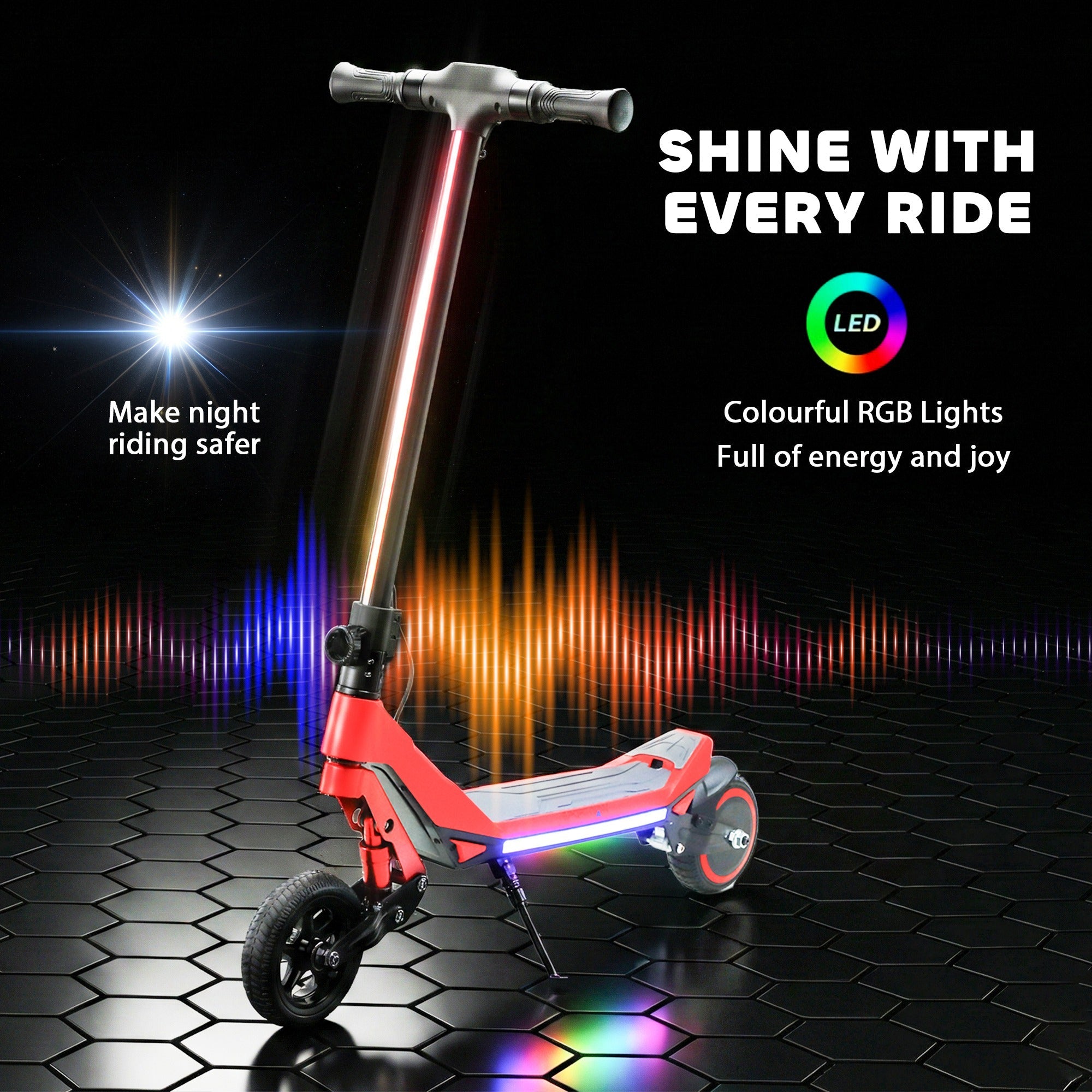 Red and black sportnow electric scooter with foldable design rgb led lights 93l x 39w for kids age 6+