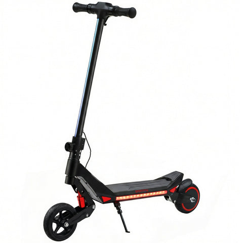 Black and red sportnow electric scooter for kids with led lighting along the deck and foldable design 93l x 39w