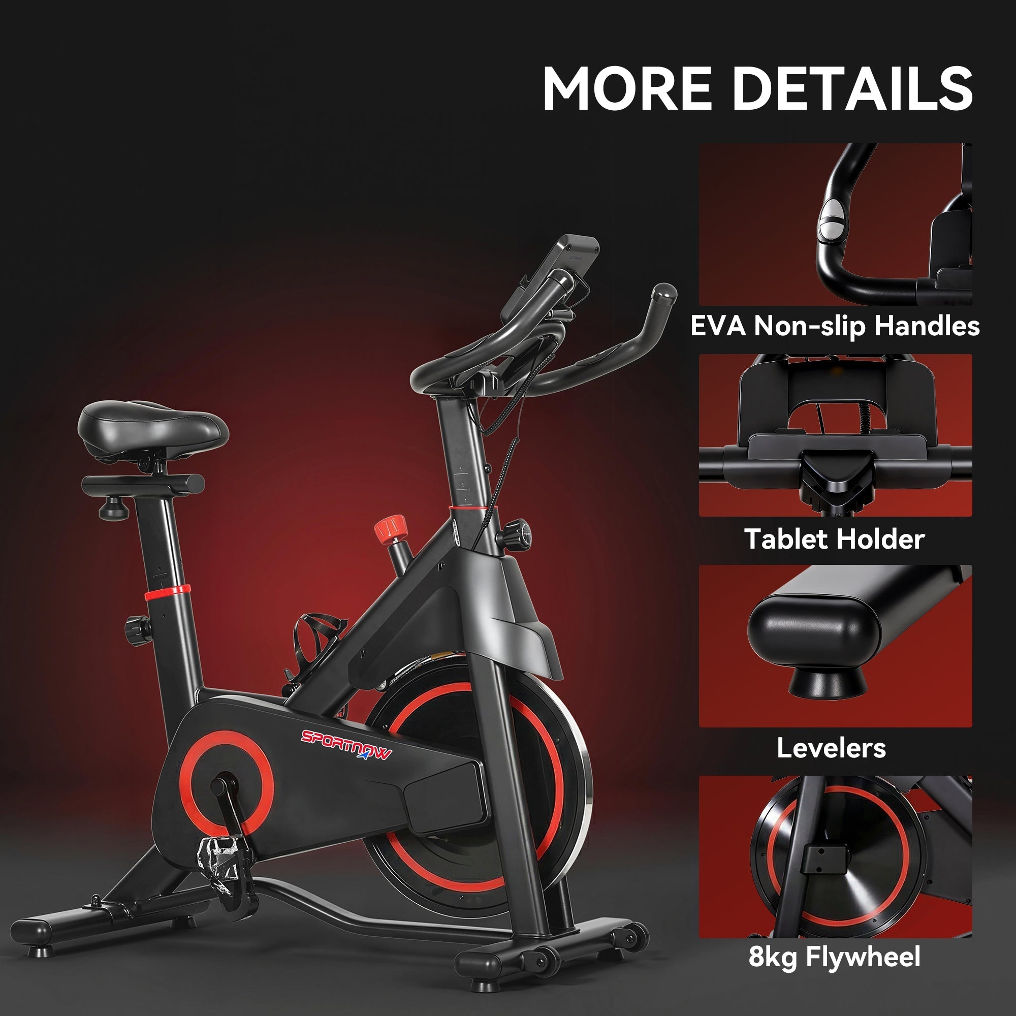 Black and red sportnow exercise bike with 8kg flywheel magnetic resistance tablet holder and eva non-slip handles