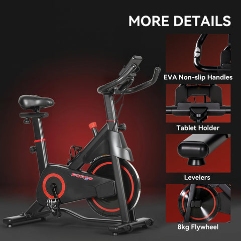 Black and red sportnow exercise bike with 8kg flywheel magnetic resistance tablet holder and eva non-slip handles