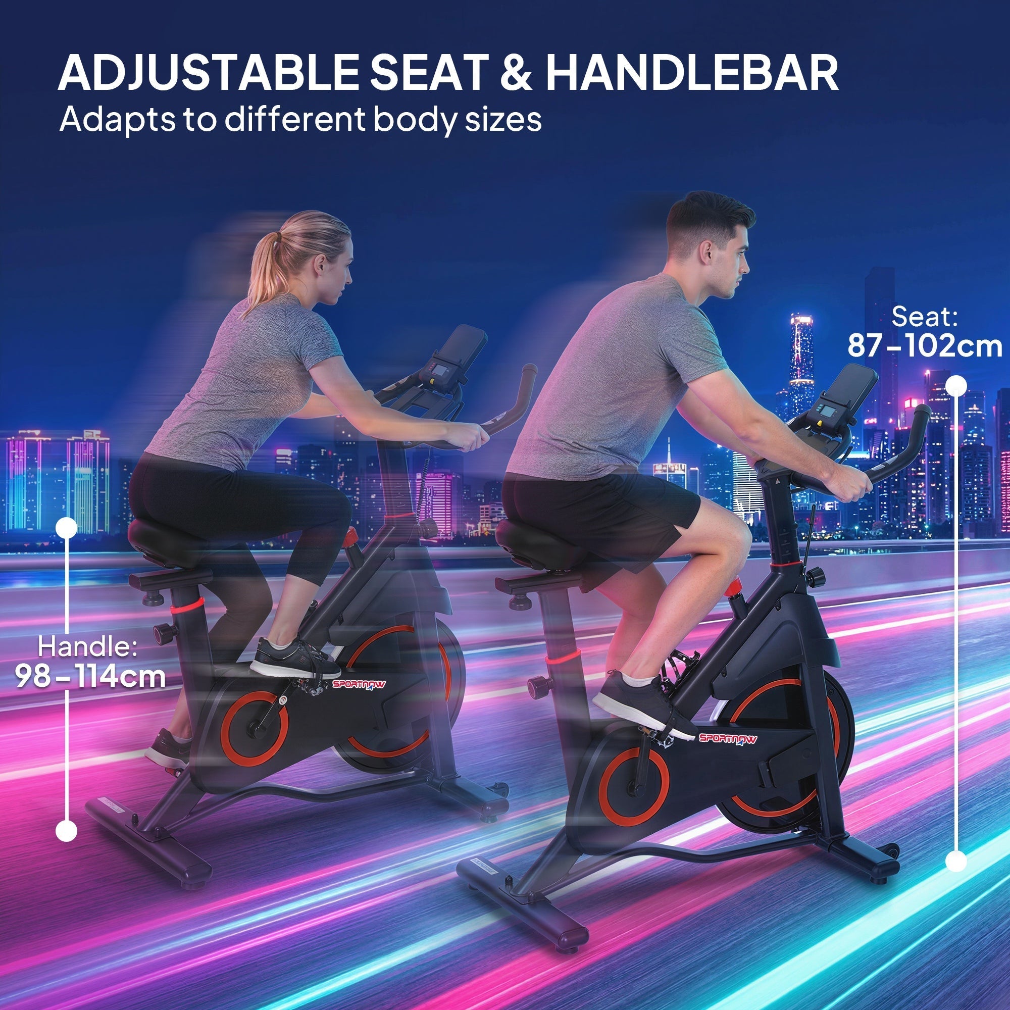 Black and orange sportnow exercise bike with adjustable magnetic resistance ergonomic seat and tablet holder for indoor cycling