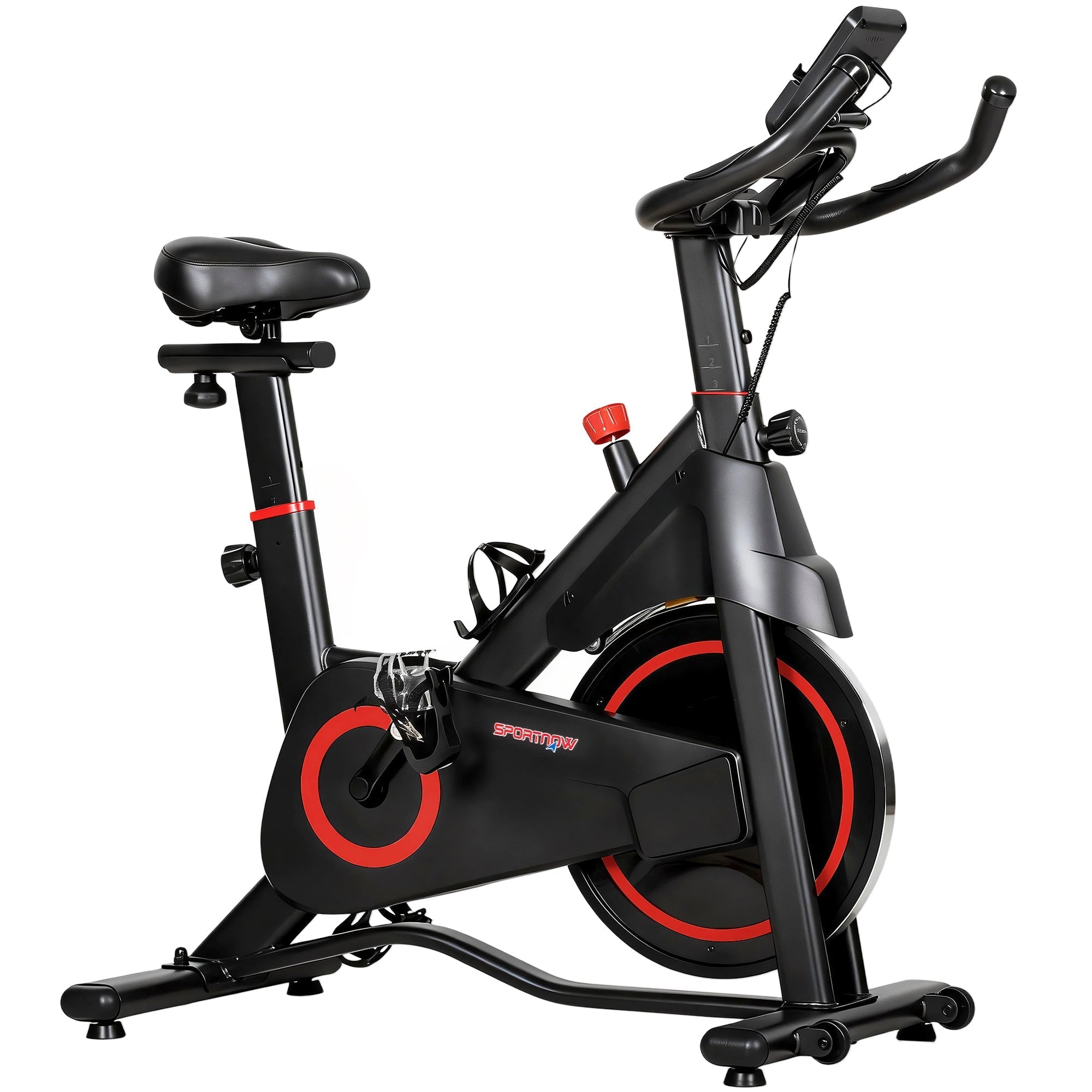 Sportnow black and red stationary exercise bike with adjustable magnetic resistance and tablet holder for indoor cycling