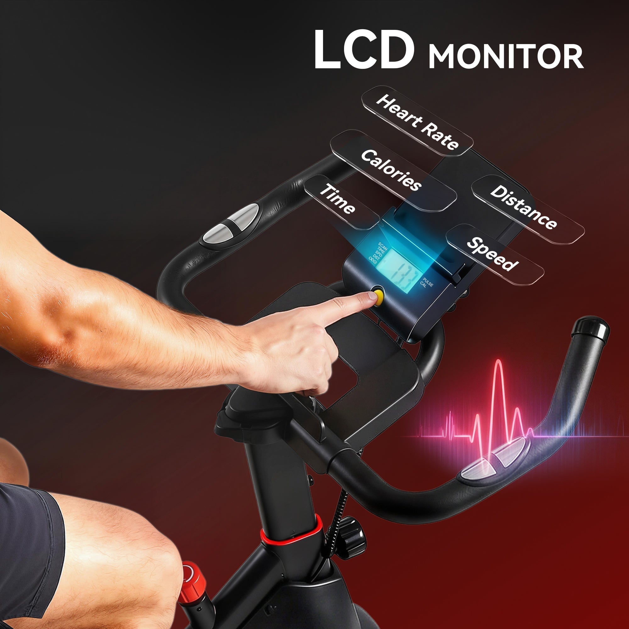 Black sportnow exercise bike with magnetic resistance and lcd display showing heart rate calories and speed metrics