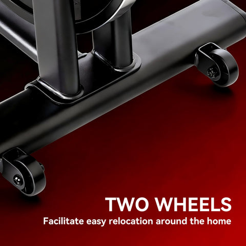 Black metal sportnow exercise bike with magnetic resistance, two wheels for easy moving, and tablet holder display