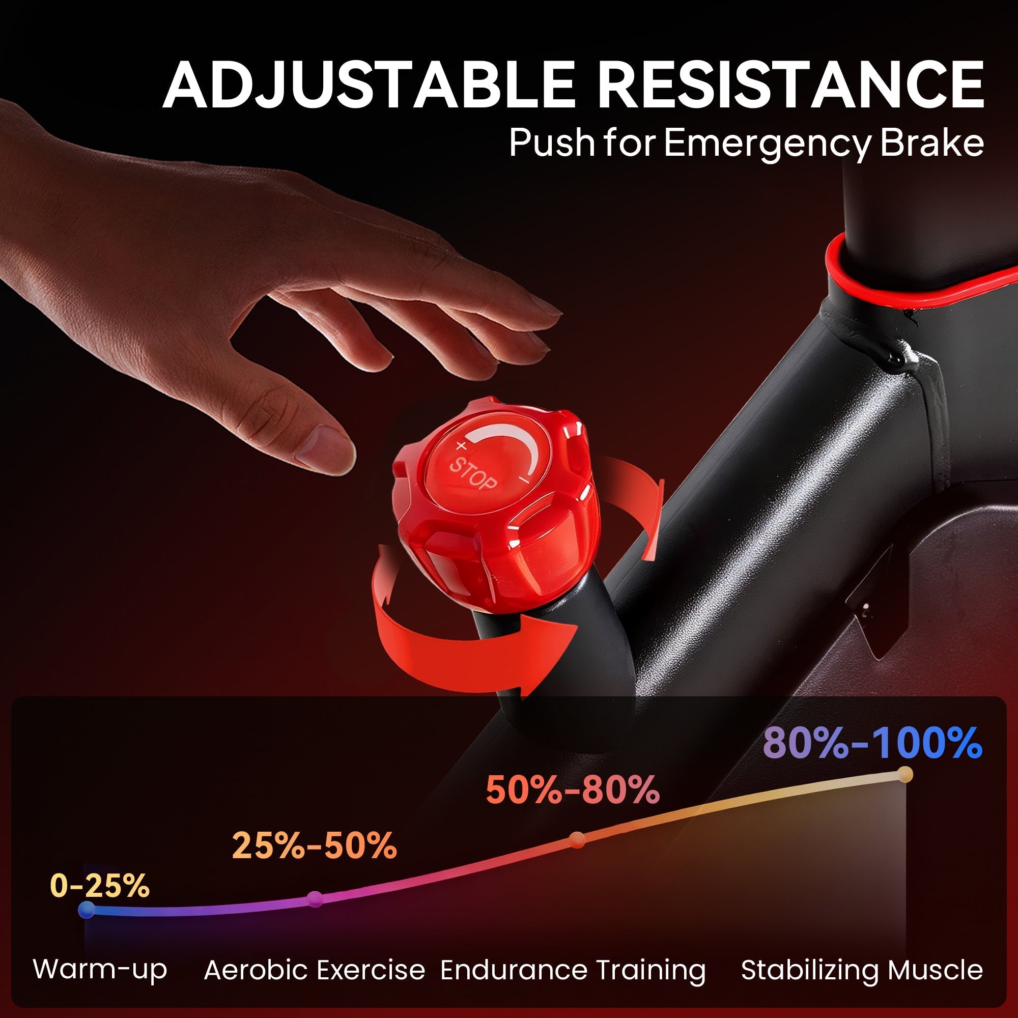 Close-up of red textured stop knob on sportnow exercise bike with adjustable magnetic resistance and tablet holder