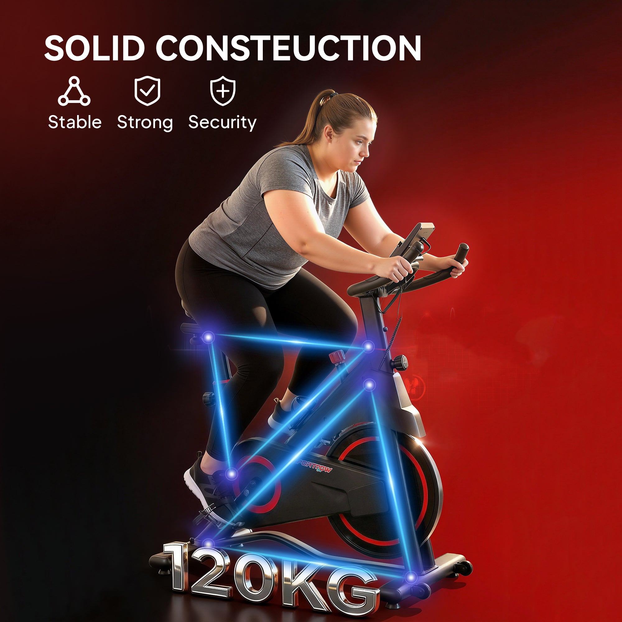 Black and red sportnow exercise bike with magnetic resistance, sturdy frame, lcd display, and tablet holder for indoor cycling