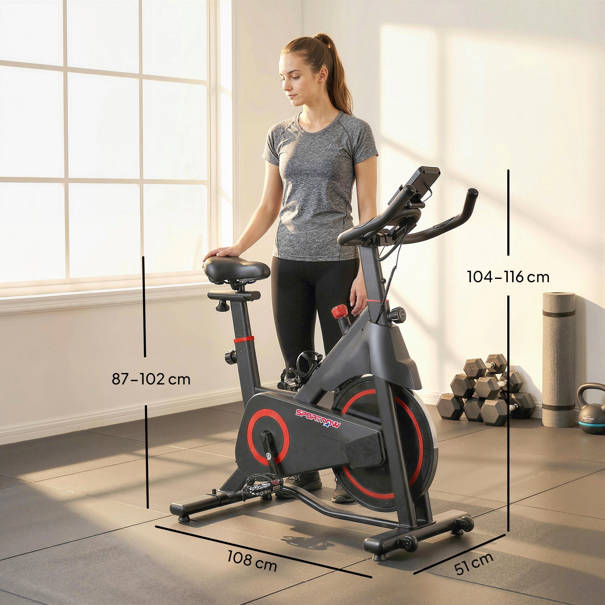 Black and red sportnow exercise bike with magnetic resistance, adjustable handlebars, lcd display, and tablet holder