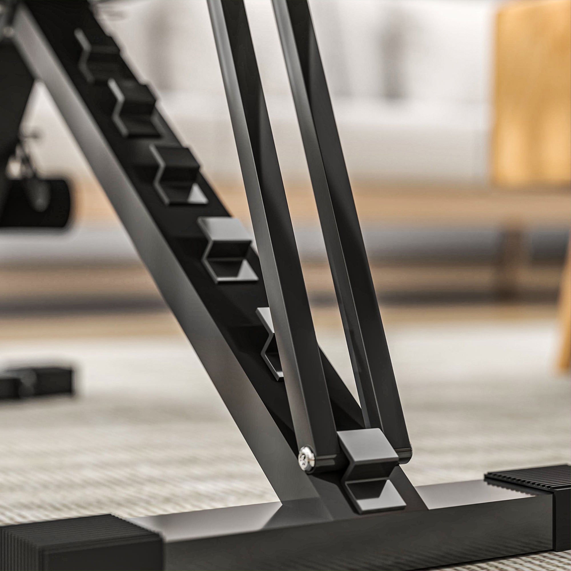 Black metal weight rack with adjustable height and multiple barbell slots for sportnow foldable weight bench with four-level seat